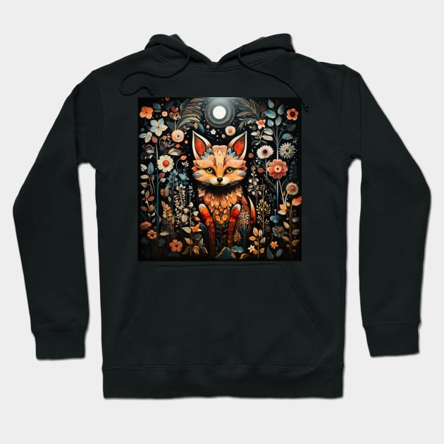 Surrealistic Folk Art Dark Floral Motif Fox Design Hoodie by The Little Store Of Magic